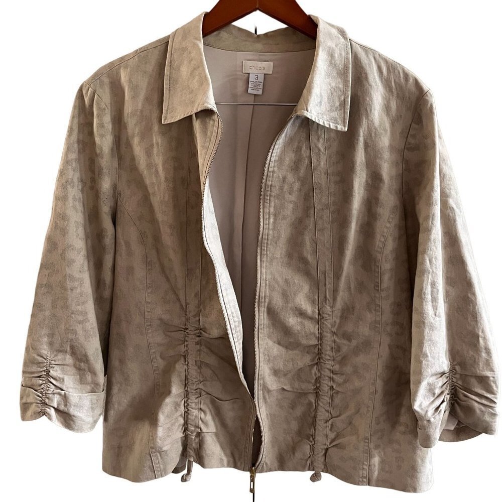 Chicos Jacket Womens 3 Tan Adjustable Zip Up Cotton Linen Lined 3/4‎ Sleeve